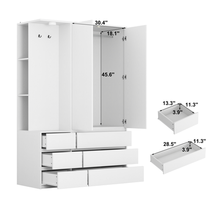 Wardrobe Closet 71.7 H, Bedroom Wooden Wardrobe With 2 Doors 6 Drawers, Modern Clothing Storage Cabinet Combination With Storage Shelves And Hanging Rail, White
