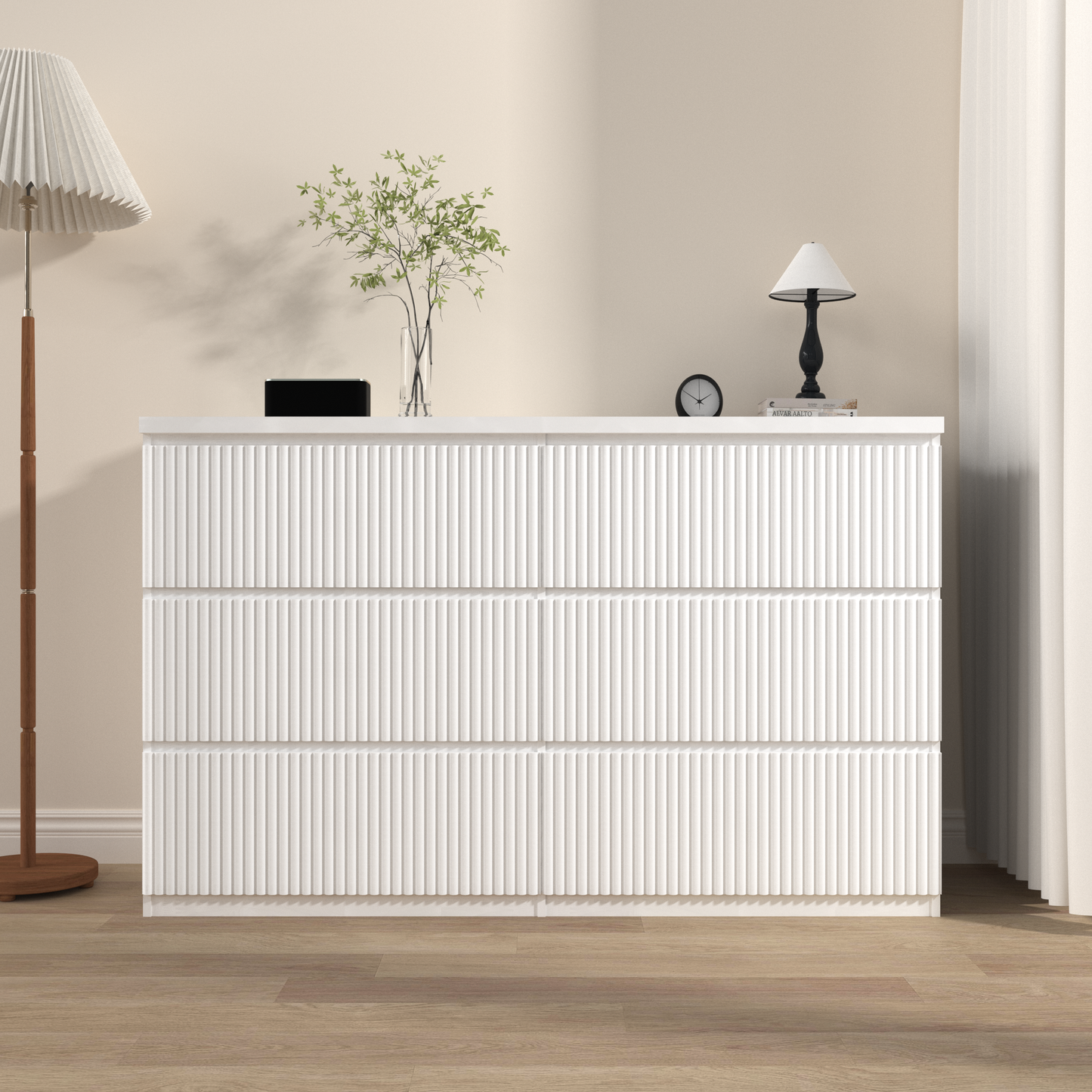 Modern White 6 Drawer Dresser, Wave Panel Drawer Fronts, Storage Cabinet, Versatile Chest Of Drawers For Bedroom, Living Room - Sleek & Spacious Home Storage Solution