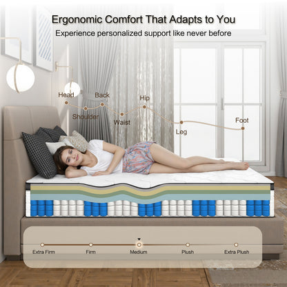 Queen Mattress, 10 Inch Queen Hybrid Mattress In A Box,  Individually Wrapped Pocket Coils Innerspring Mattress, Medium Firm, Pressure Relief & Breathable Comfort, CertiPUR-US, OEKO-TEX