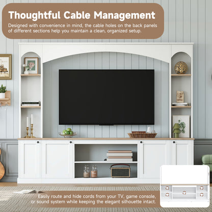 Elegant Arched Entertainment Center Wall Unit With Bookshelf, Farmhouse Large TV Stand With Wood Grain For TVs Up To 70, 91inch Stylish Media Console With Adjustable Shelves For Living Room, White