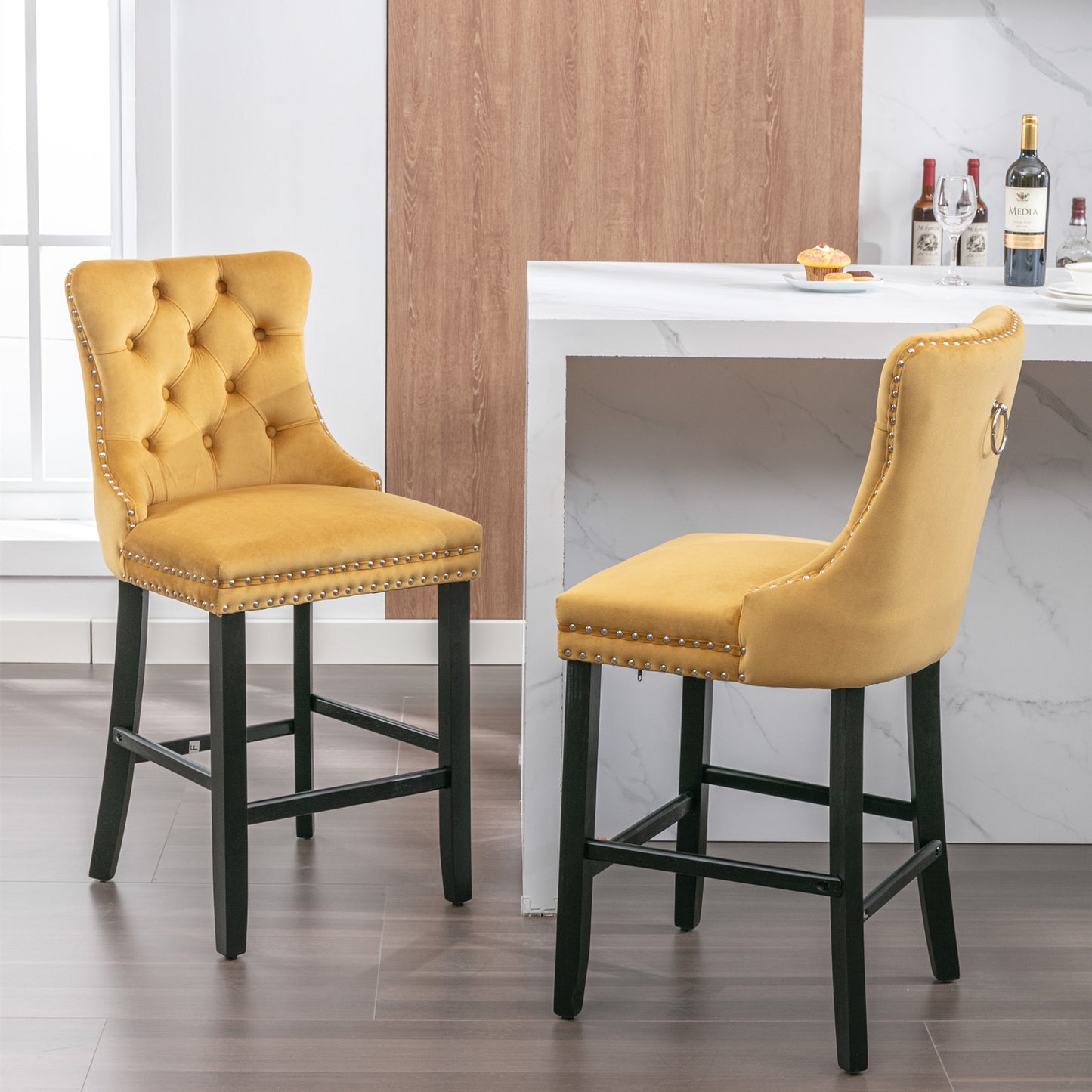 Contemporary Velvet Upholstered Barstools With Button Tufted Decoration And Wooden Legs, And Chrome Nailhead Trim, Leisure Style Bar Chairs,Bar Stools, Set Of 2 Golden,SW2002GL