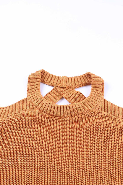 Back To School Sweater - Cutout Back Cold Shoulder Long Sleeve Sweater