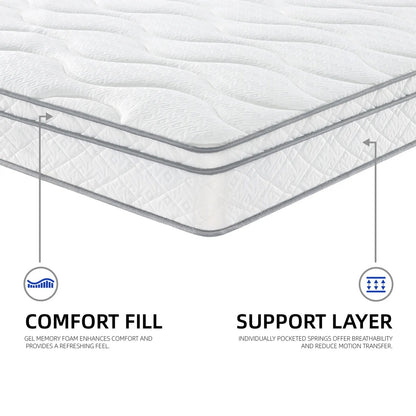 Queen Size Mattress,10 Inch Hybrid Mattress In A Box With Gel Memory Foam,Individually Wrapped Pocket Coils Innerspring For Breathable And Durable Support, Made In USA, CertiPUR-US Certified