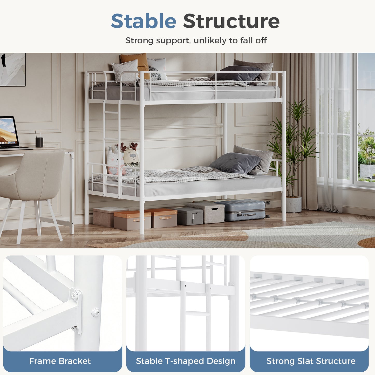 Metal Double-layer Bed With Stairs And Safety Railings, Sturdy Steel Frame, No Need For A Mattress, Double-layer Bed That Saves Space