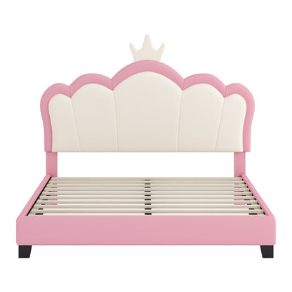 Full Size Upholstered Princess Bed With Crown Headboard,Full Size Platform Bed With Headboard And Footboard, Cream Pink