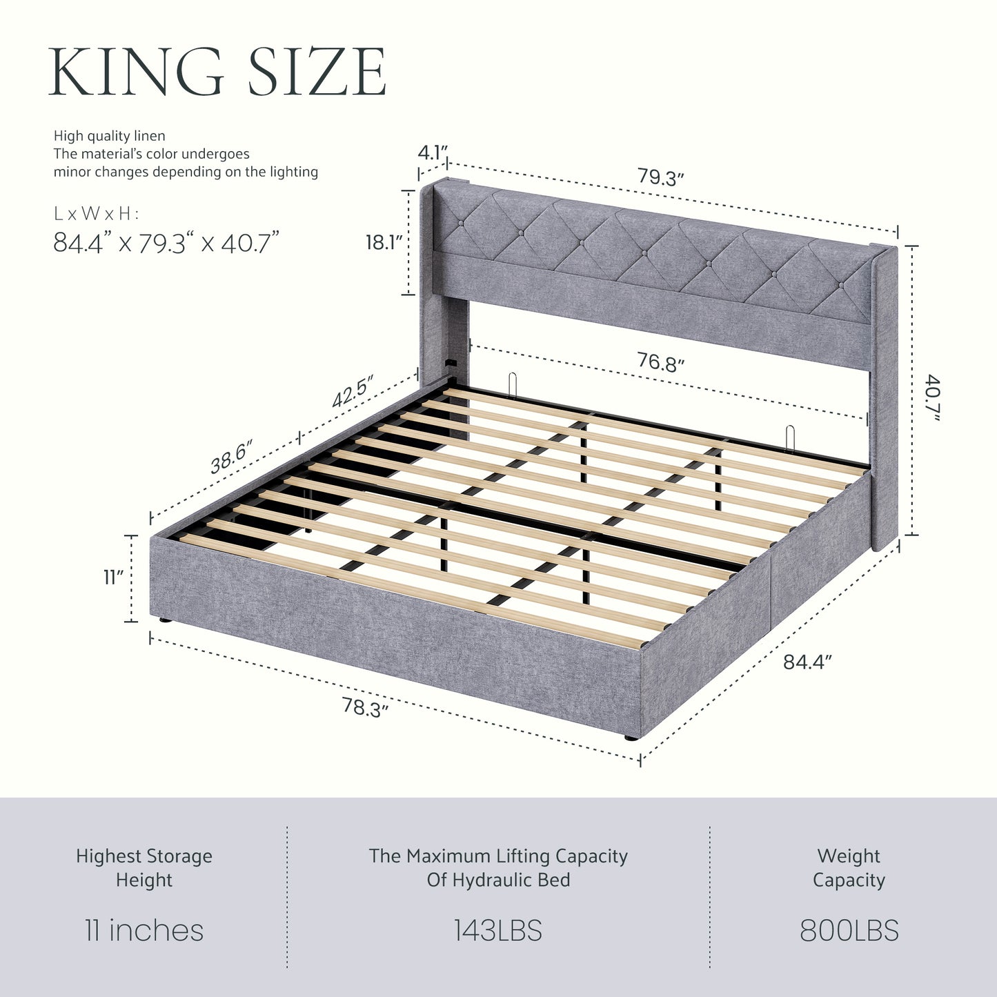 Large-sized Lifting Storage Bed, Soft-padded Platform Bed Frame, Headboard With Backrest, Hydraulic Lifting Storage Bed