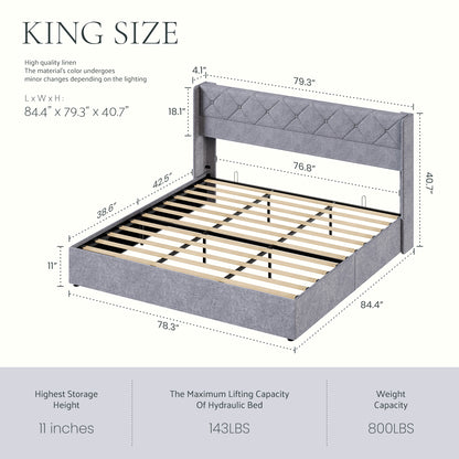 Large-sized Lifting Storage Bed, Soft-padded Platform Bed Frame, Headboard With Backrest, Hydraulic Lifting Storage Bed