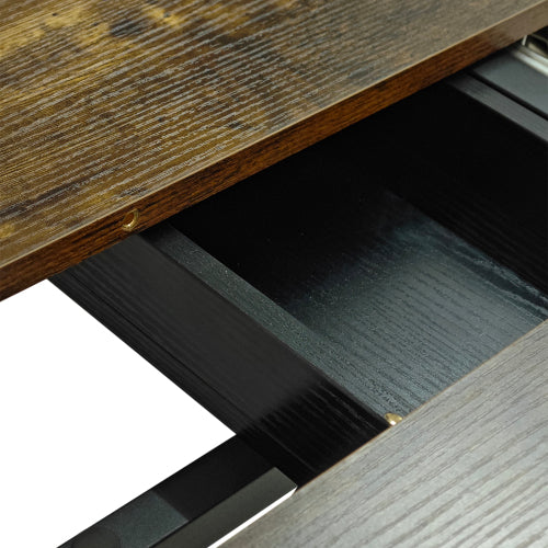 Retro Rectangular Stretch Dining Table, Antique Wood Top And Black Relief Plate, Black Fine Sand Cross Iron Foot Base Dining Table, With Storage Box