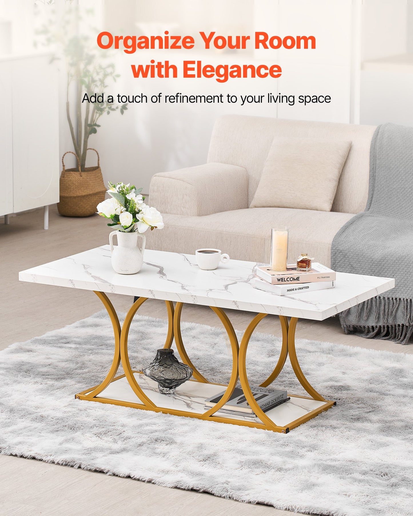 Coffee Table, Modern Faux Marble Coffee Table, Large 2-Tier Rectangle Center Desk With Geometric Legs, Minimalist Sturdy Metal Frame Accent End Desk For Living Room, Office, Easy Assembly, White