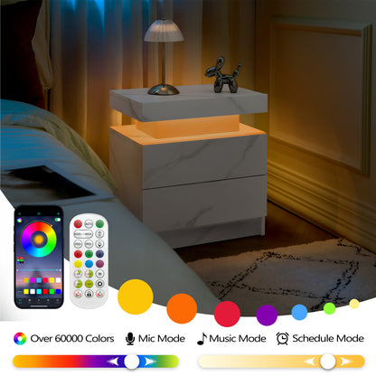 Nightstand LED Bedside Table Cabinet Lights Modern End Side With 2 Drawers For Bedroom  White Stone