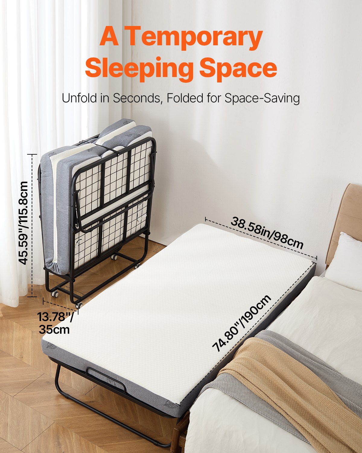 Rollaway Bed, 38 In X 75 In Folding Bed With 5 In Mattress, Twin Size Foldable Bed With Sturdy Metal Frame & Memory Foam Mattress, Portable Twin Roll Away Bed With Mattress, For Adults, Guest
