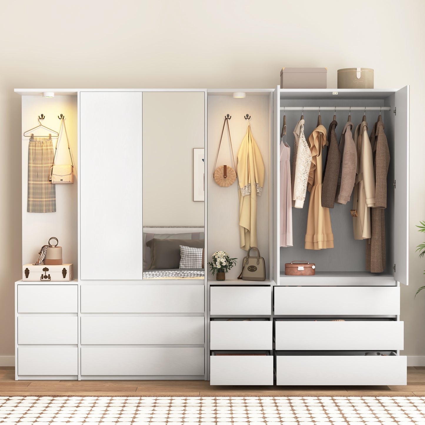 Wardrobe Closet 71.7 H, Bedroom Wooden Wardrobe With 2 Doors 6 Drawers, Modern Clothing Storage Cabinet Combination With Storage Shelves And Hanging Rail, White