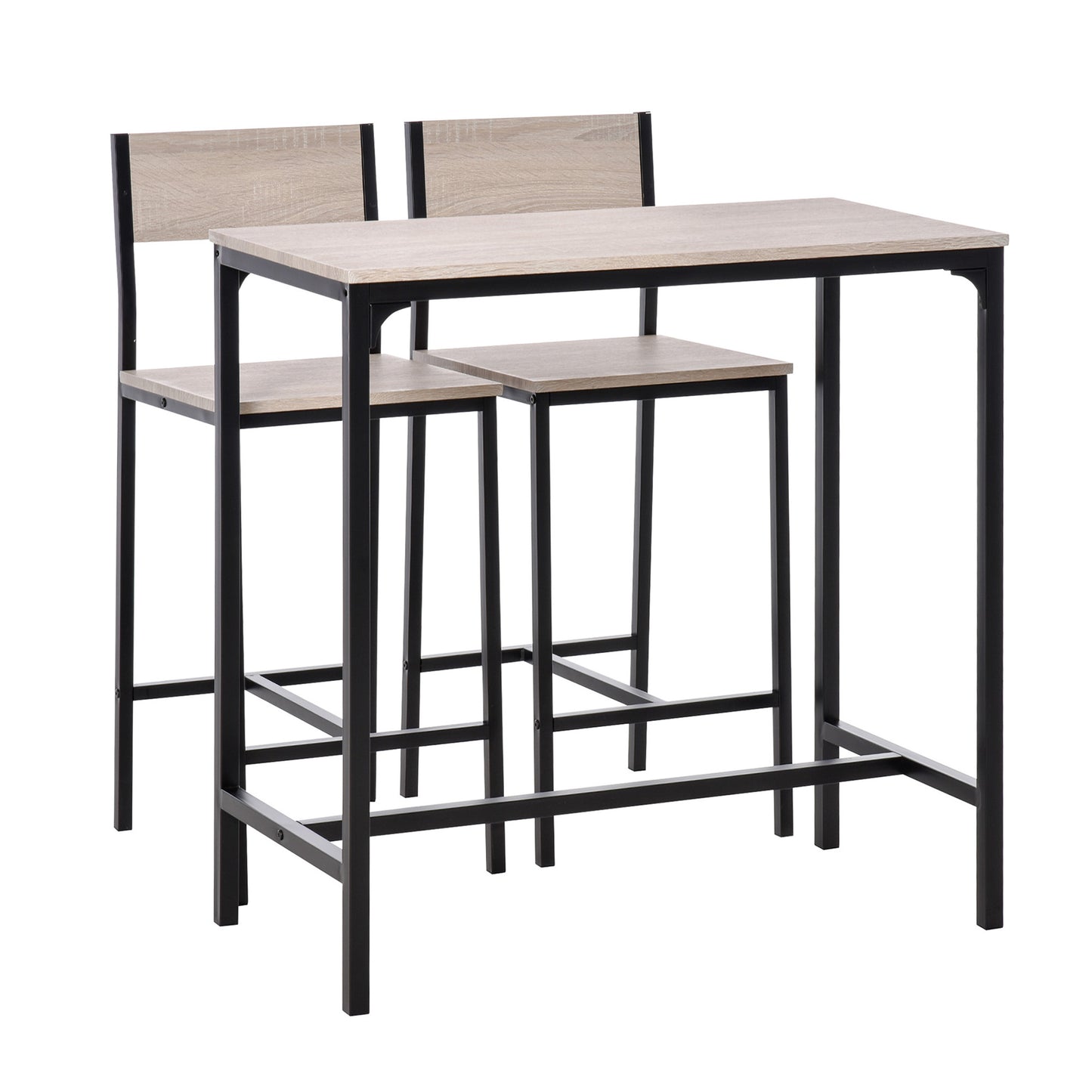 3-Piece Bar Table Set With 2 Stools, Industrial Breakfast Bar Set With Footrest, Backrest For Dining Room, Small Space