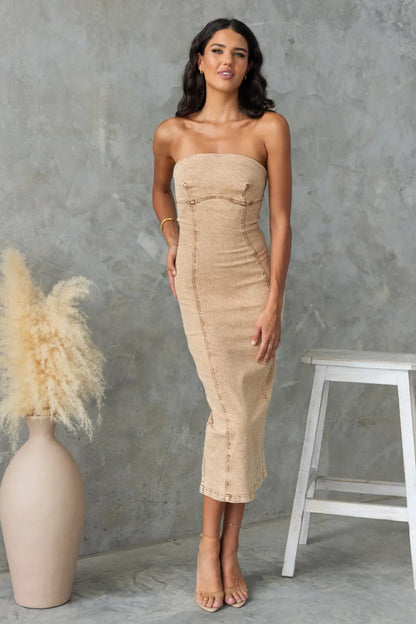 Washed Slit Back Tube Denim Dress