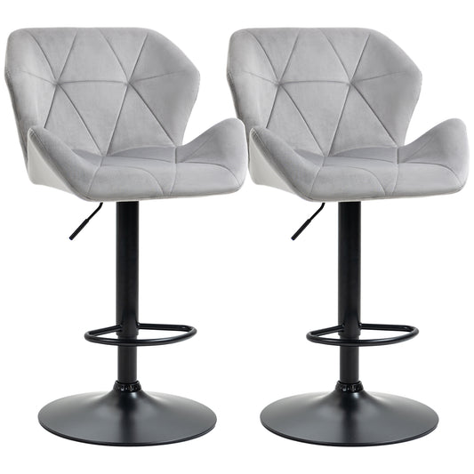 Bar Stools Set Of 2, Luxurious Velvet-Touch Barstools With Metal Frame Footrest Round Base Triangle Indenting Moulded Seat Adjustable Height Swivel Grey