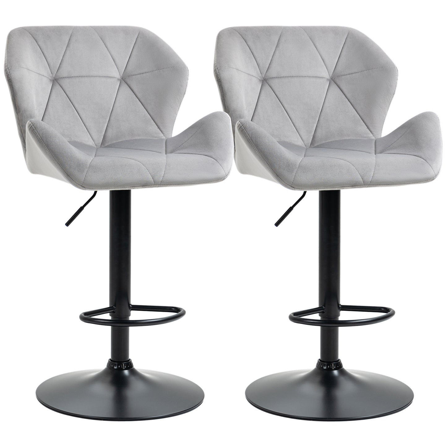 Bar Stools Set Of 2, Luxurious Velvet-Touch Barstools With Metal Frame Footrest Round Base Triangle Indenting Moulded Seat Adjustable Height Swivel Grey