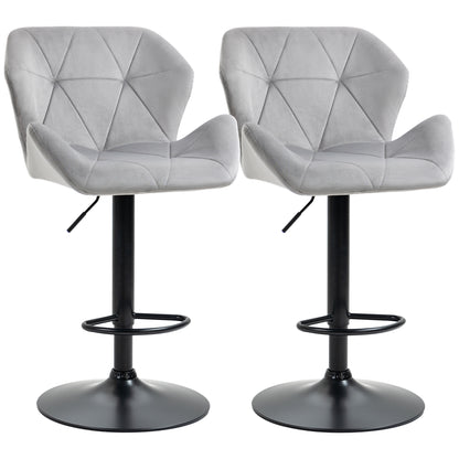 Bar Stools Set Of 2, Luxurious Velvet-Touch Barstools With Metal Frame Footrest Round Base Triangle Indenting Moulded Seat Adjustable Height Swivel Grey