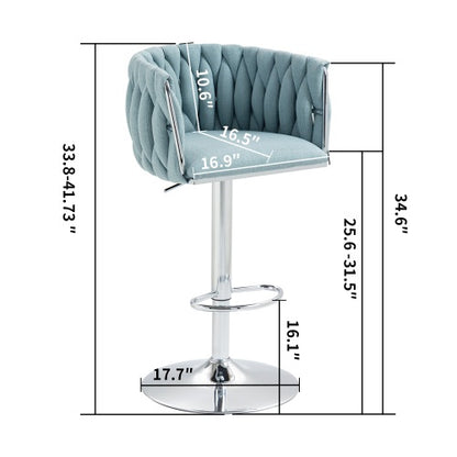 360 Fabric Cover Swivel Bar Stools Set Of 2, Adjustable Counter Height Bar Chairs With Woven Back & Footrest, Silver Chromed Bar Stools For Kitchen Island, Cafe, Pub