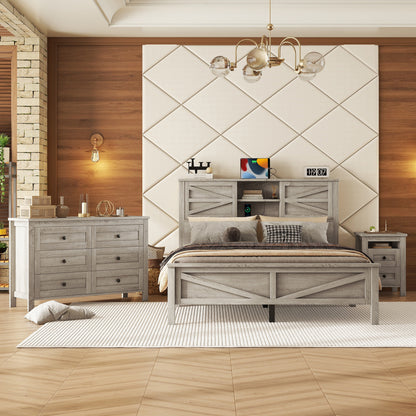 3-Pieces Bedroom Sets Queen Size Farmhouse Platform Bed With Double Sliding Door Storage Headboard And Charging Station, Storage Nightstand And Dresser, Antique Gray