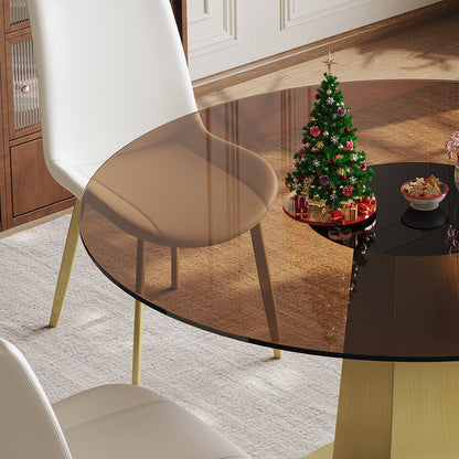 53 Inch Luxury Round Dining Table With Smoked Glass Top  Modern Kitchen Table For 4-8 People  Gold Stainless Steel Base & Easy Assembly  Space Saving Breakfast Table For Apartments