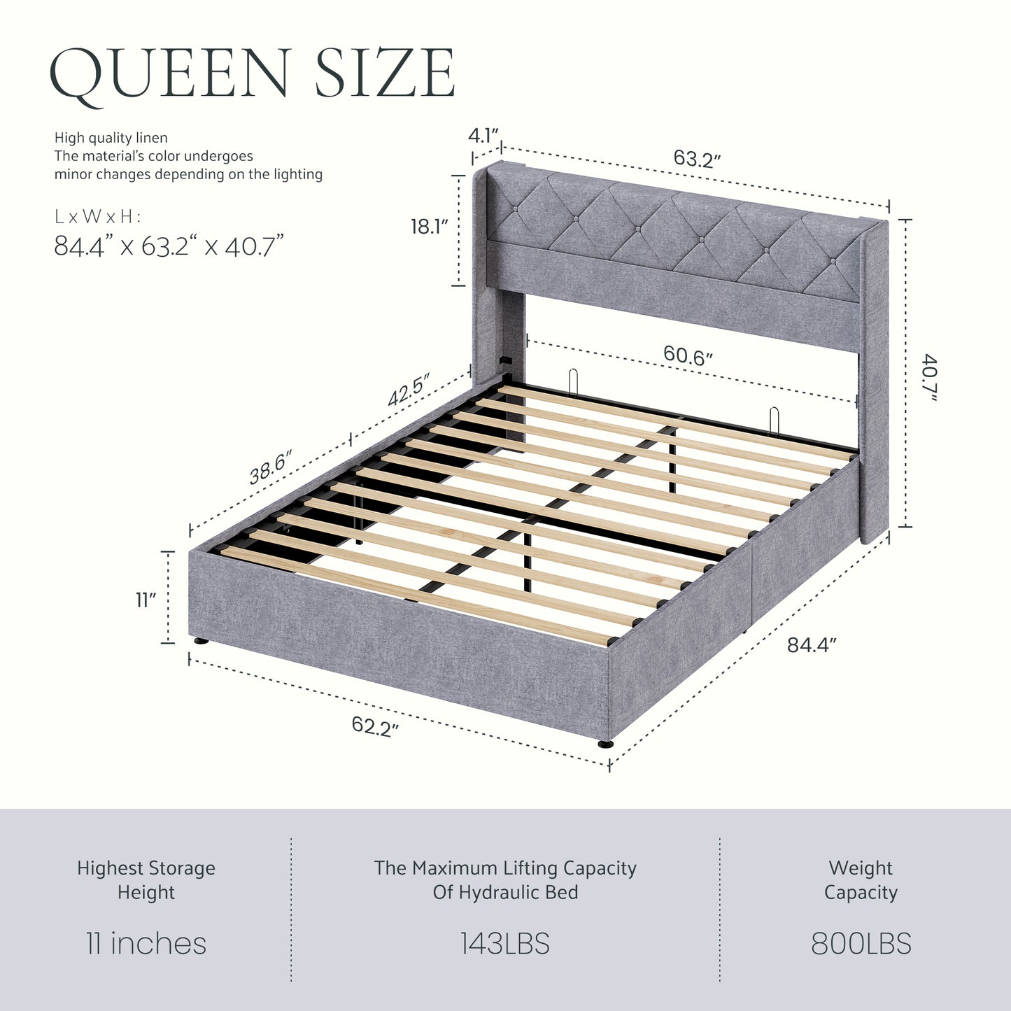 Large-sized Lifting Storage Bed, Soft-padded Platform Bed Frame, Headboard With Backrest, Hydraulic Lifting Storage Bed