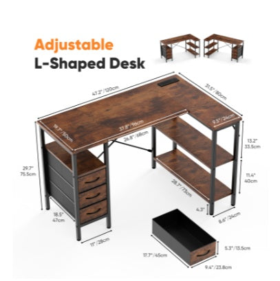 L-shaped Computer Gaming Table With Monitor Stand, 3 Drawers, USB Interface, Power Socket, Corner Workstation