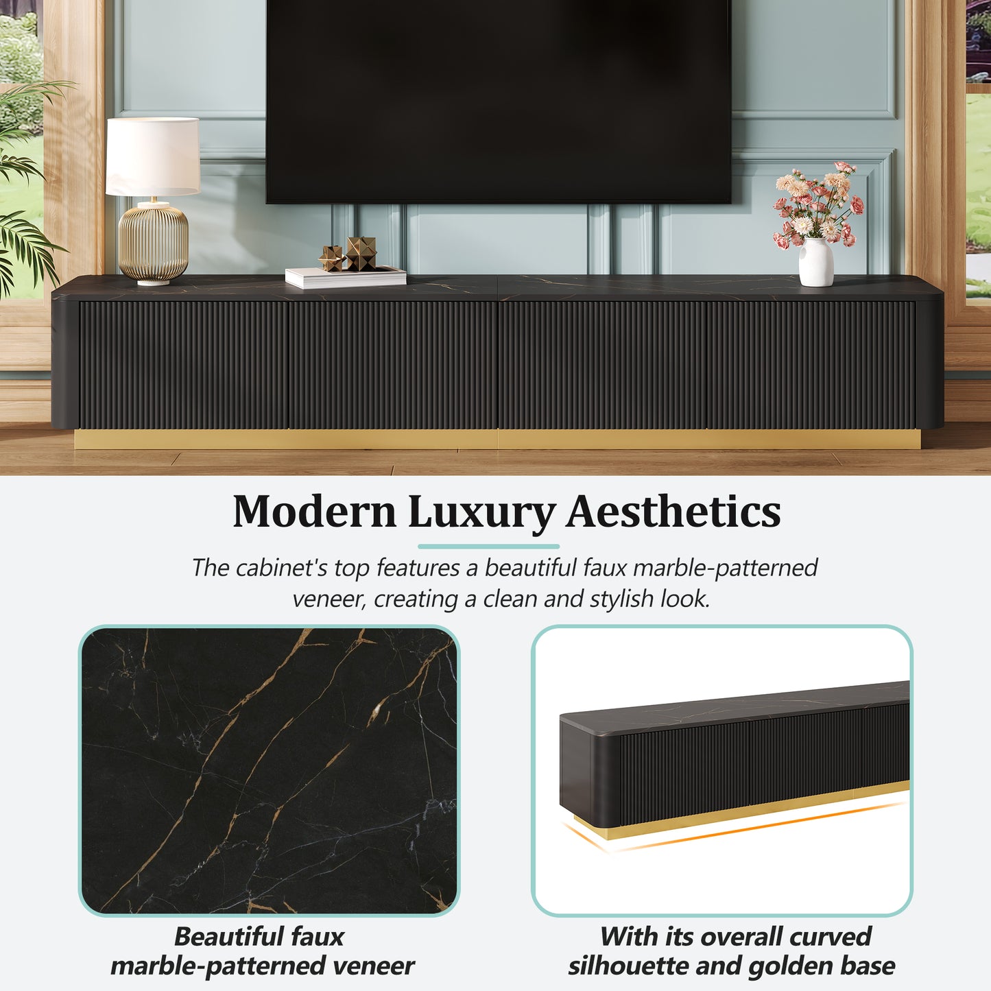 ON-TREND Luxury Fluted TV Stand For TVs Up To 85, Faux Marble Tabletop Media Console With 4 Drawers, Curved Profile Design, Modern Entertainment Center With Gold Base For Living Room, Black