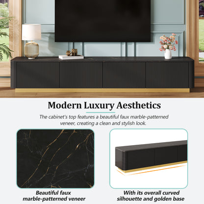 ON-TREND Luxury Fluted TV Stand For TVs Up To 85, Faux Marble Tabletop Media Console With 4 Drawers, Curved Profile Design, Modern Entertainment Center With Gold Base For Living Room, Black