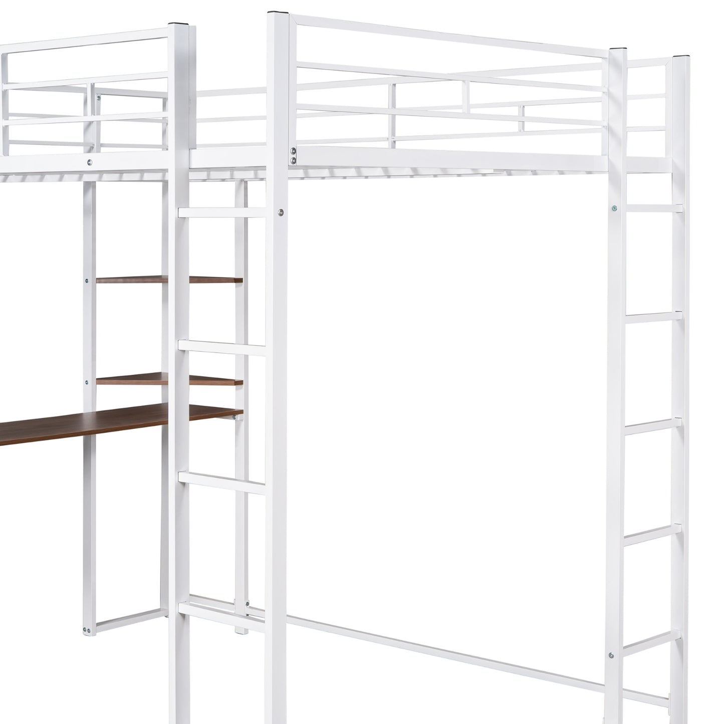 Full Size Metal Loft Bed With Desk, 2 Shelves, White - LP000191AAK