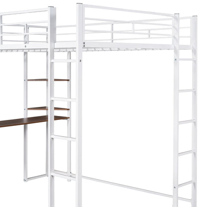 Full Size Metal Loft Bed With Desk, 2 Shelves, White - LP000191AAK