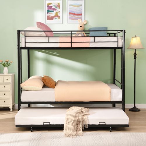 Full Over Full With Trundle Metal Bunk Bed , No Box Spring Needed, Easy Assemble