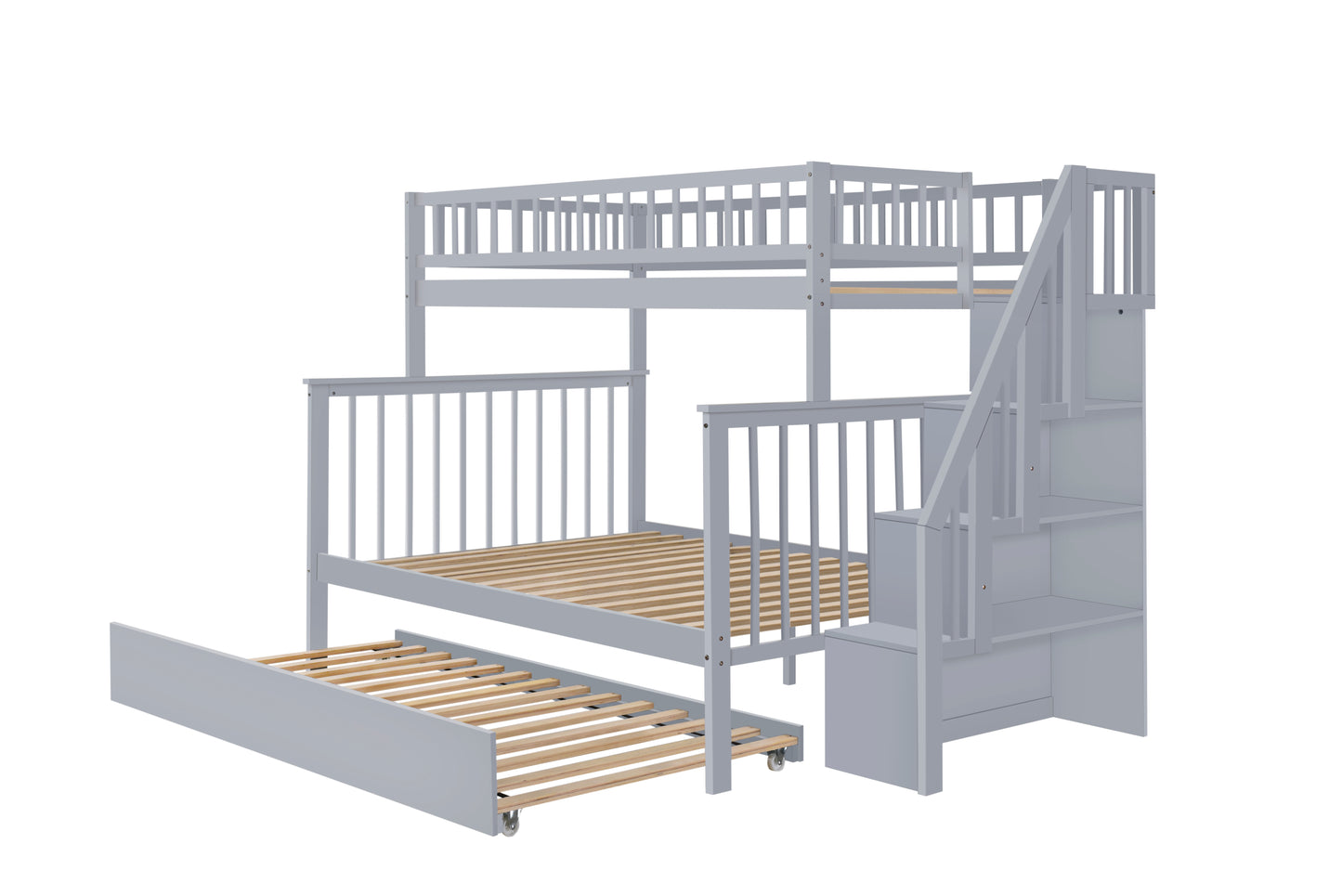 Twin Over Full Stairway Bunk Bed With Trundle,Gray