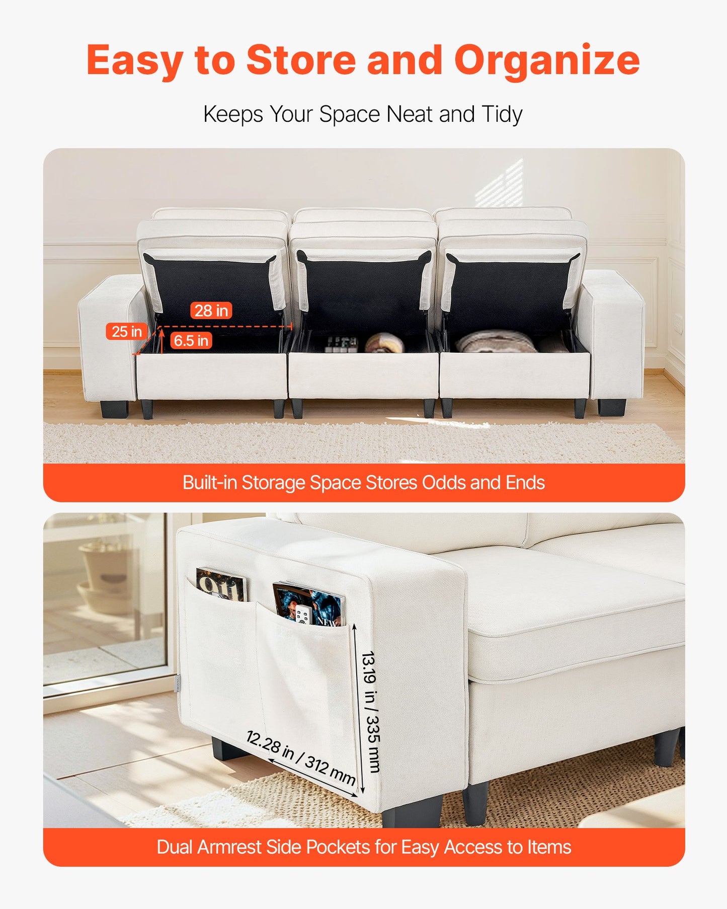 100-Inch Modular 3-Seater Sofa – Comfy Couch With Deep Seats & Hidden Storage, Modern Design For Living Room, Apartment, Or Office, White