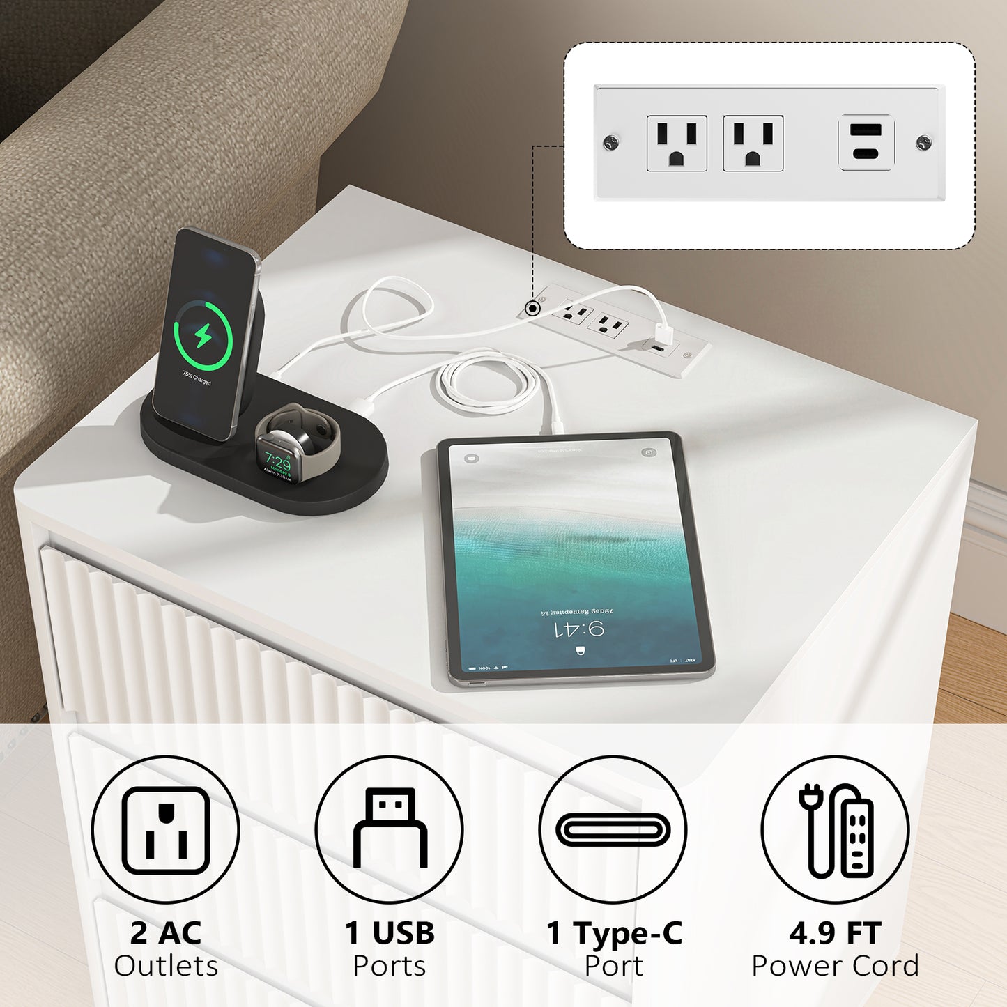 Set Of 2 End Table With Fast USB C Charging Station, Sofa Side Table With 3Drawers, Large Storage Modern Wood Storage Cabinet For Living Room,Bedroom,Office, White