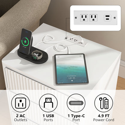 Set Of 2 End Table With Fast USB C Charging Station, Sofa Side Table With 3Drawers, Large Storage Modern Wood Storage Cabinet For Living Room,Bedroom,Office, White