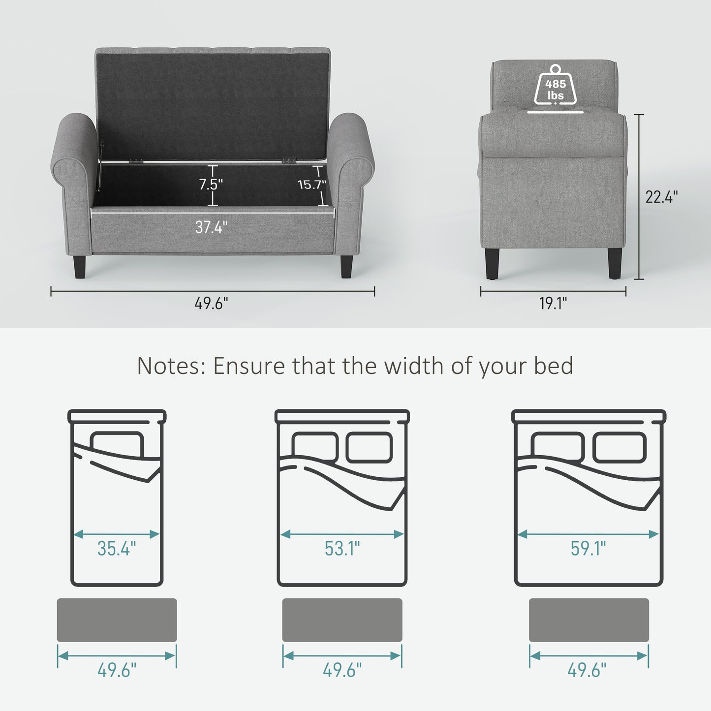 50 Inches Storage Ottoman, End of Bed Bench with Rolled Arms, Wood Legs, Button Tufted Storage Bench, Gray