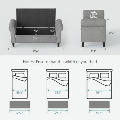 50 Inches Storage Ottoman, End of Bed Bench with Rolled Arms, Wood Legs, Button Tufted Storage Bench, Gray