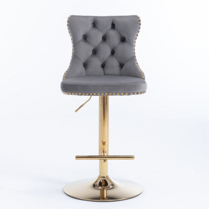 Golden Swivel Velvet Barstools Adjusatble Seat Height From 25-33 Inch Gray,Set Of 2