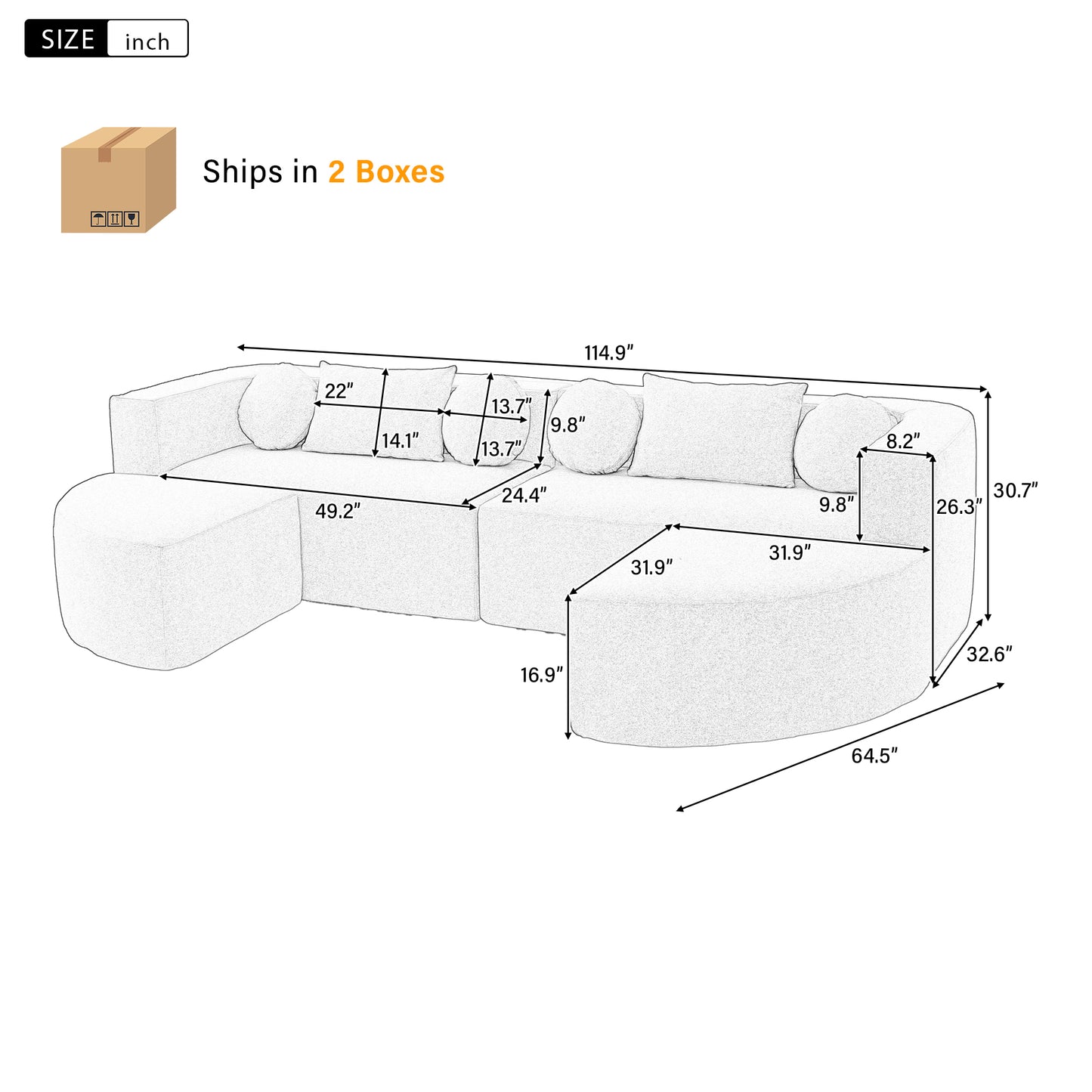 Boneless Couch Modular Sectional Sofa 114.9 Free-combined Sofa Couch Sofa Bed Compression Sofa With Deep Seating And Curved Design For Living Room, Black