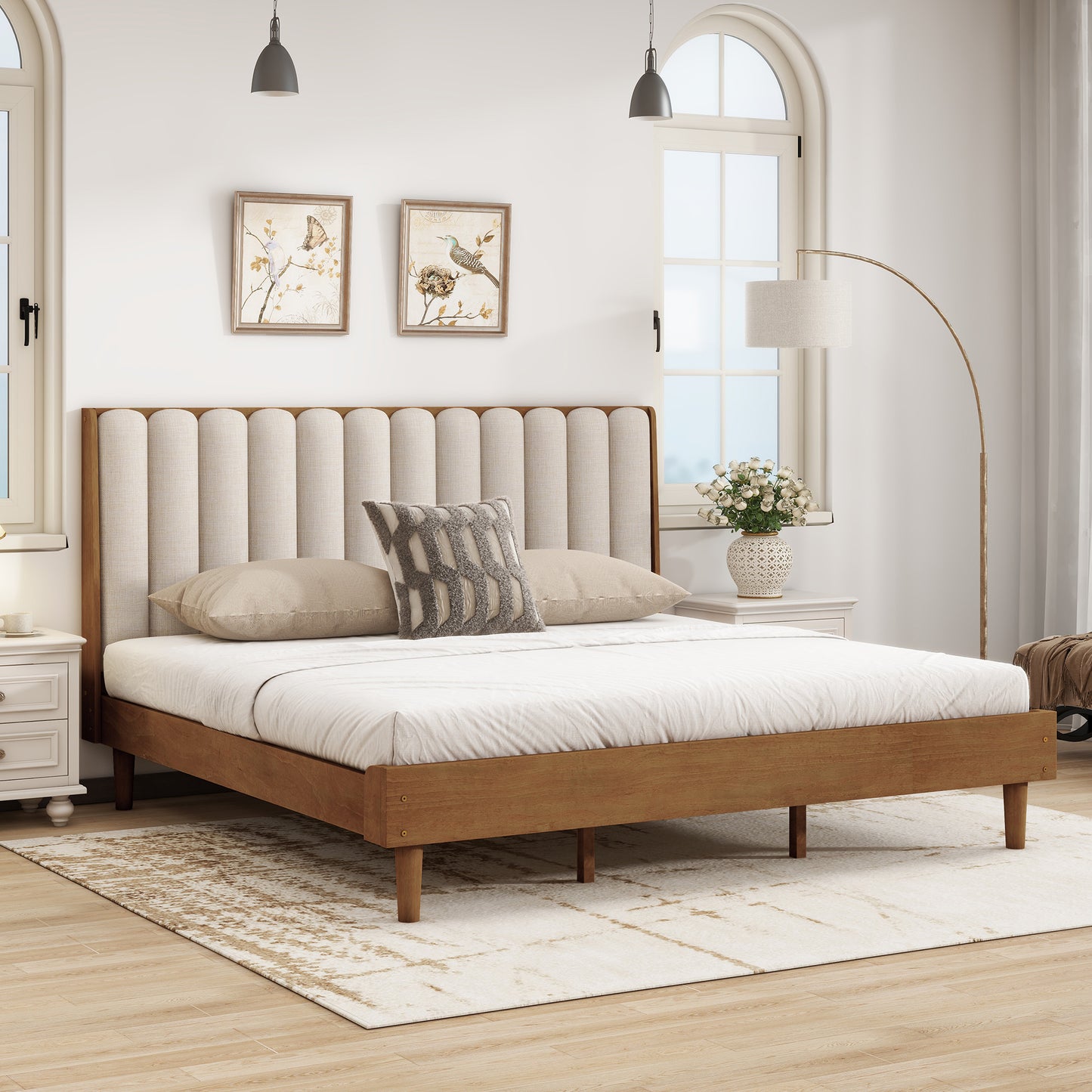King Size Wood Bed With Piano Key Style Upholstered Headboard , Wood Bed With Strengthened Bed Frame ,Wheat