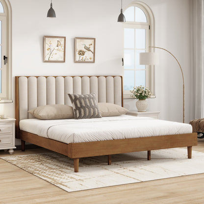King Size Wood Bed With Piano Key Style Upholstered Headboard , Wood Bed With Strengthened Bed Frame ,Wheat
