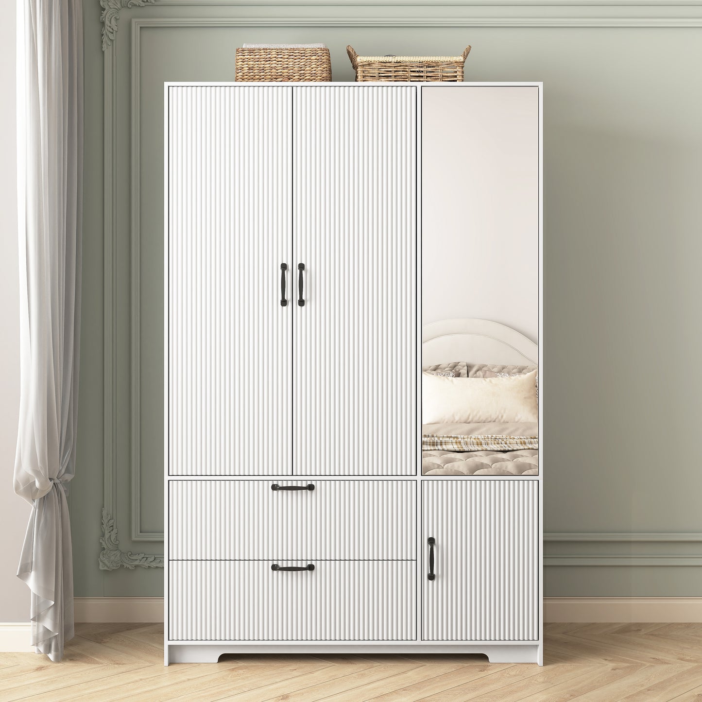 4 Doors Wardrobe Closet With Mirror, LED Wardrobe With Doors And 2 Drawers, Wooden Wardrobe Storage Cabinet With Hanging Rod, Adjustable Shelves, White