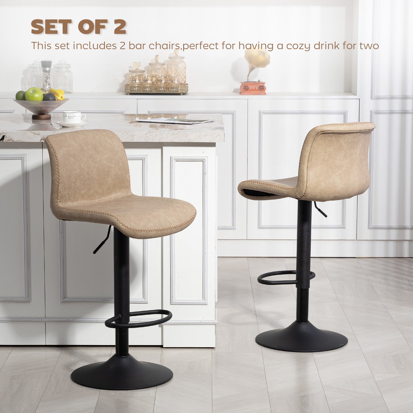 Bar Stools Set Of 2, PU Leather Barstools With Backrest And Footrest For Kitchen, Counter, Breakfast Bar, Light Brown