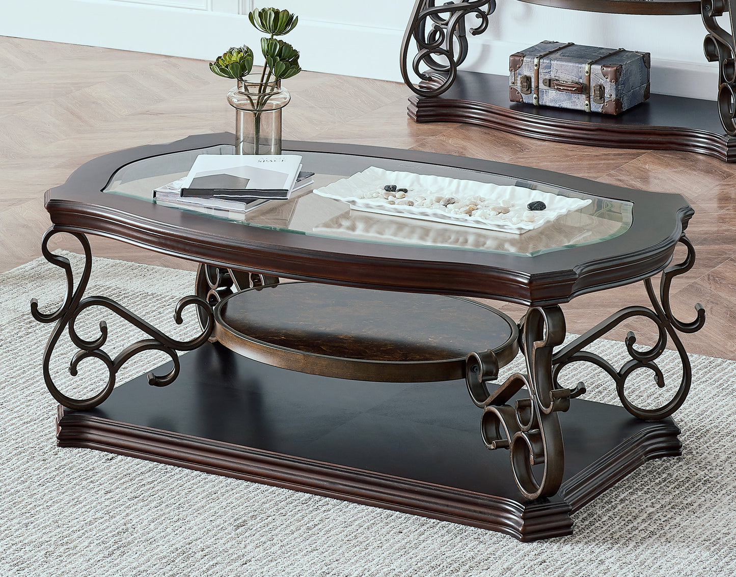 Cocktail Table, Glass Table Top, MDF W Marble Paper Middle Shelf, Powder Coat Finish Metal Legs. 52Lx32Wx20.3H