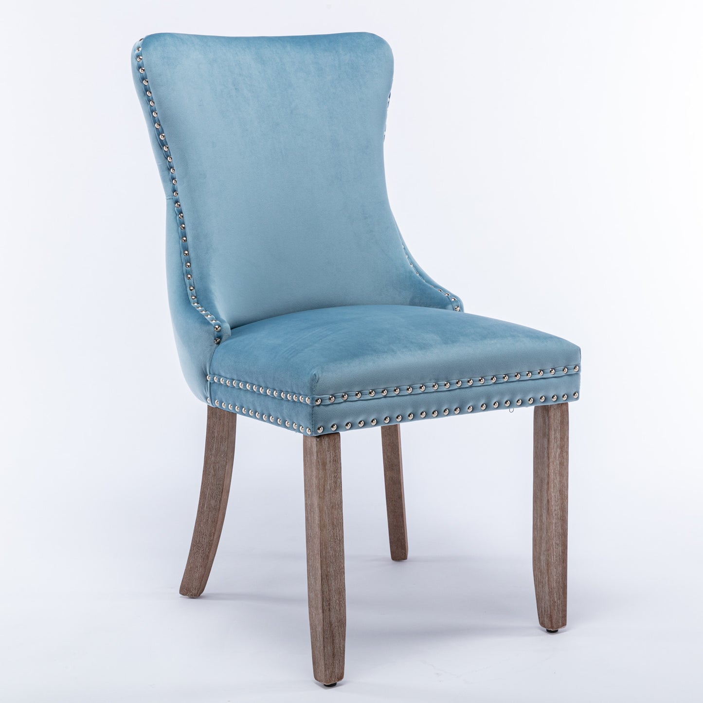 A&A Furniture,Upholstered Wing-Back Dining Chair With Backstitching Nailhead Trim And Solid Wood Legs,Set Of 2, Light Blue,SW8809LB, KD