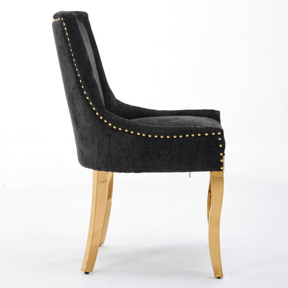 Chenille Dining Chairs, Modern Style With Curved Gold - Plated Legs & Rivet Trim, Upholstered Comfort For Dining Lounge, Accent Seating With Textured Fabric & One - Piece Structure, Black,Set Of 2