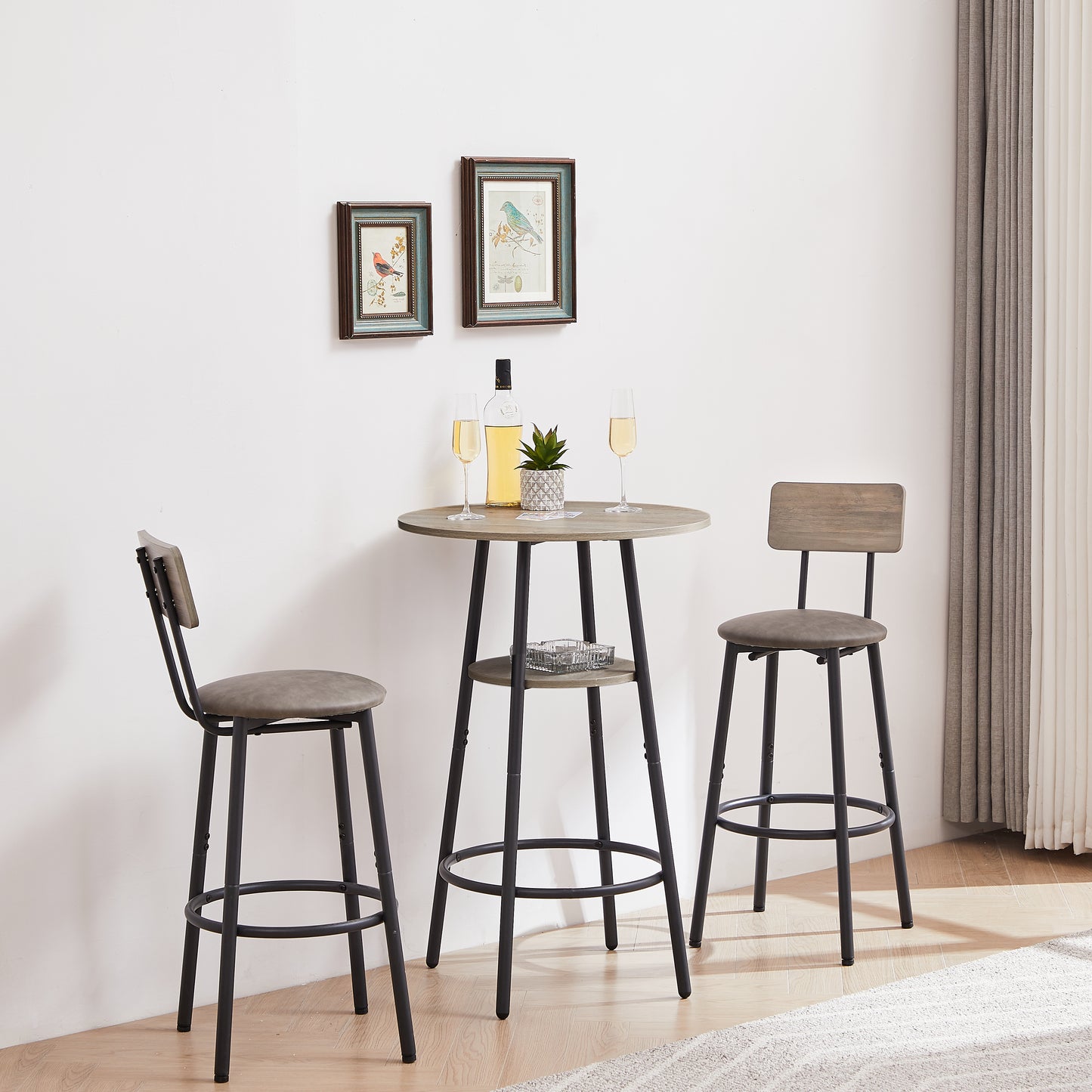 Round Bar Stool Set With Shelf, Upholstered Stool With Backrest Grey, 23.62  W X 23.62  D X 35.43  H.