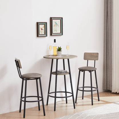 Round Bar Stool Set With Shelf, Upholstered Stool With Backrest Grey, 23.62  W X 23.62  D X 35.43  H.