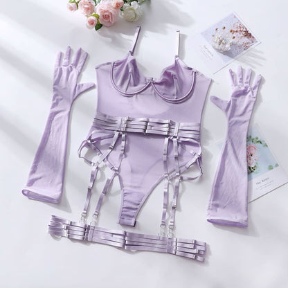 Women's Sexy One-Piece Bodysuit with Gloves and Bandage See-Through Mesh Suit