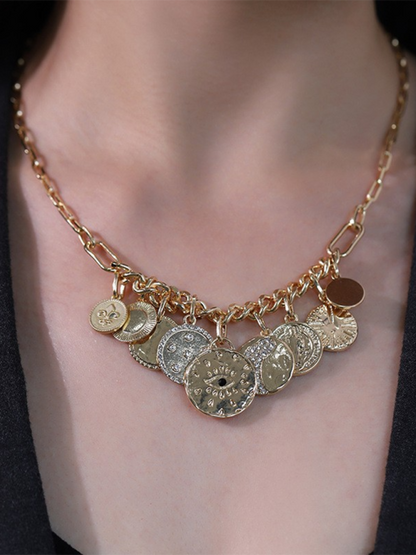 Modern mystical coin-set diamond relief small pendant bib necklace